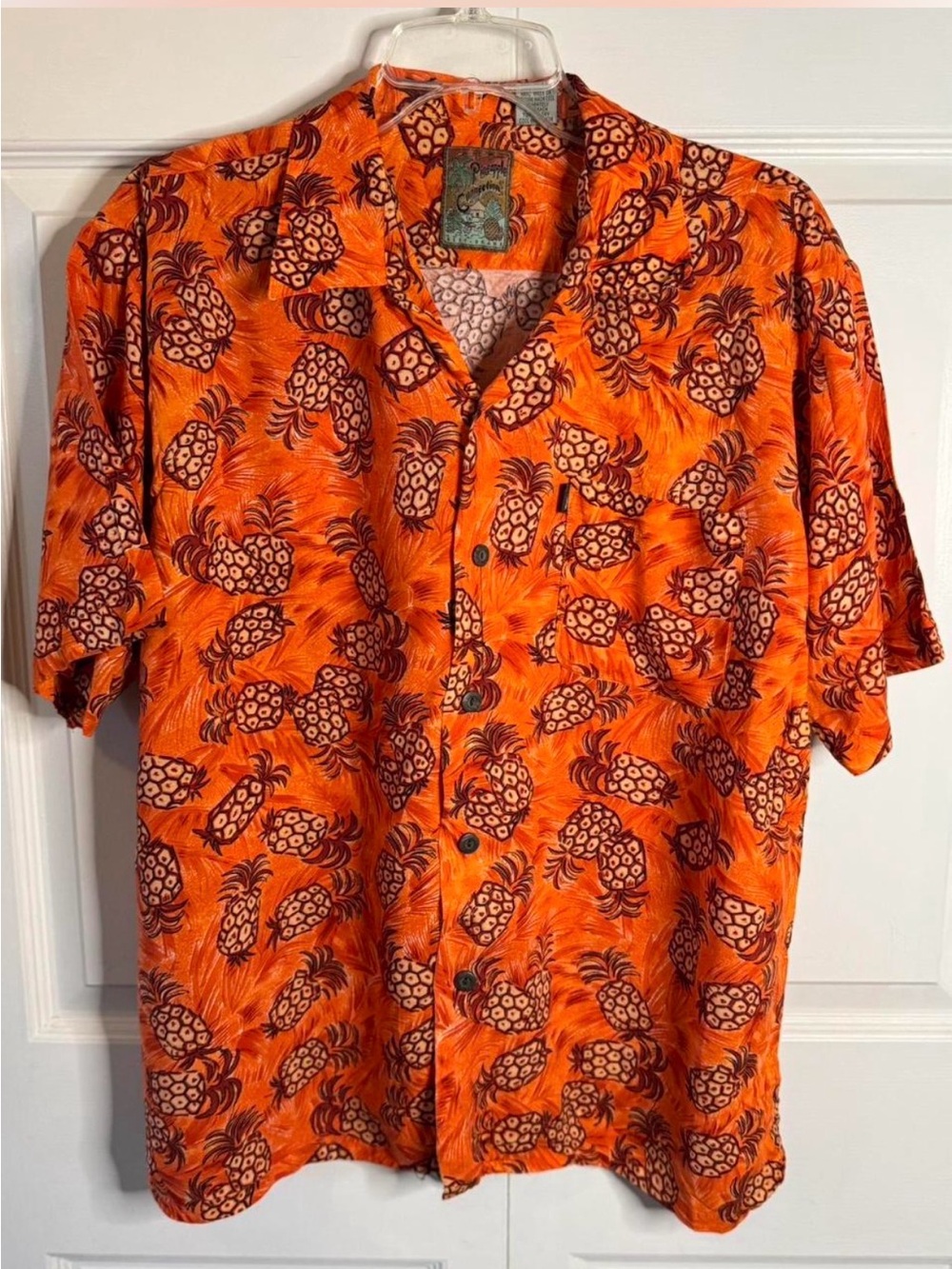 Men's Orange Pineapple Print Short-Sleeve Button-Down Shirt